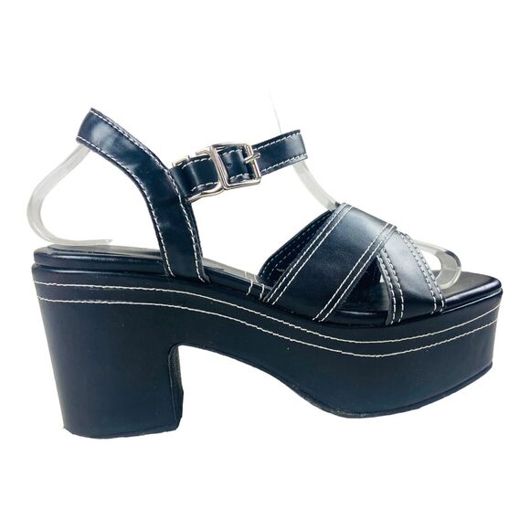 Comfort Black with White Stitched Cross Belt Sandals Size 7.5 for Women's - Picture 1 of 9